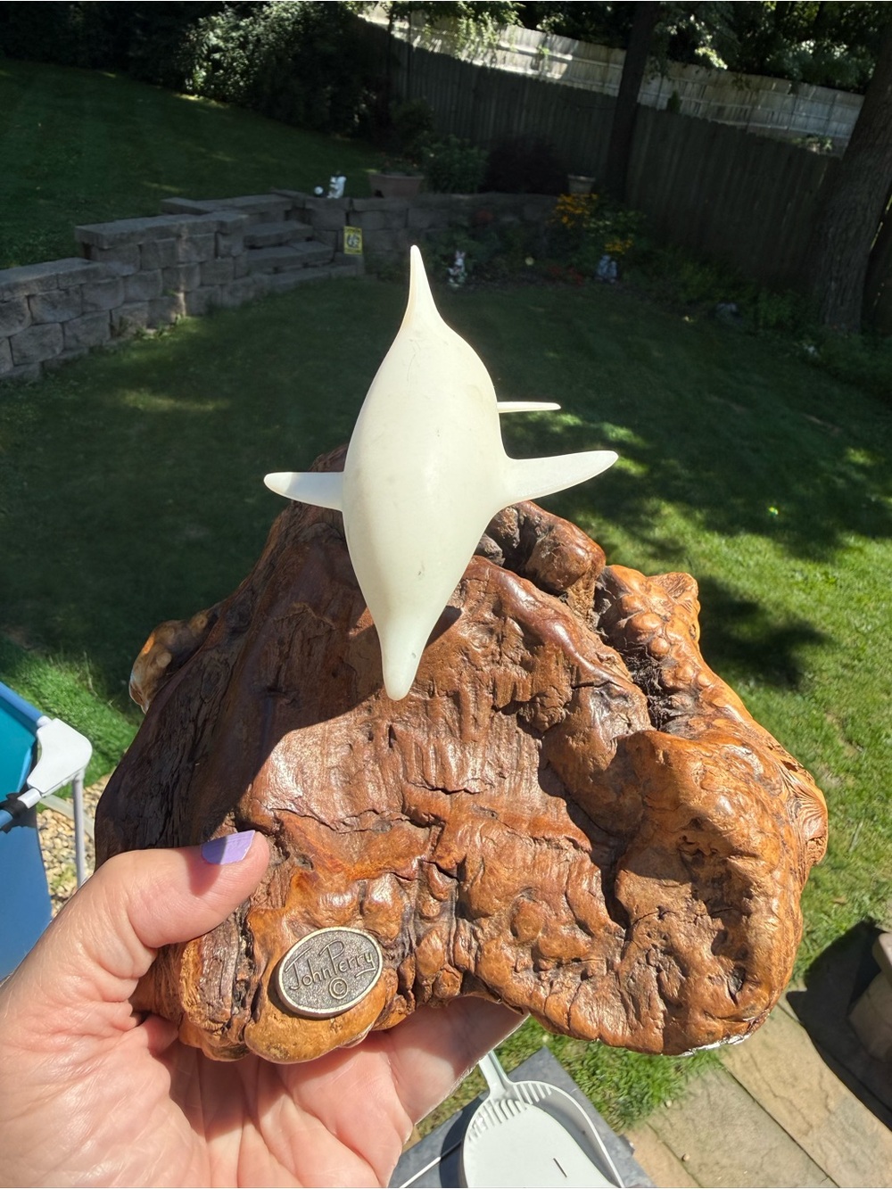 Vintage John Perry White Dolphin Sculpture On Wood Base